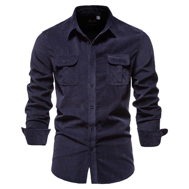 Mikilon Chemise Blouse Décontractée pour Homme en Velours Côtelé de Coton à Manches Longues, Coupe Ajustée, Col Rabattu