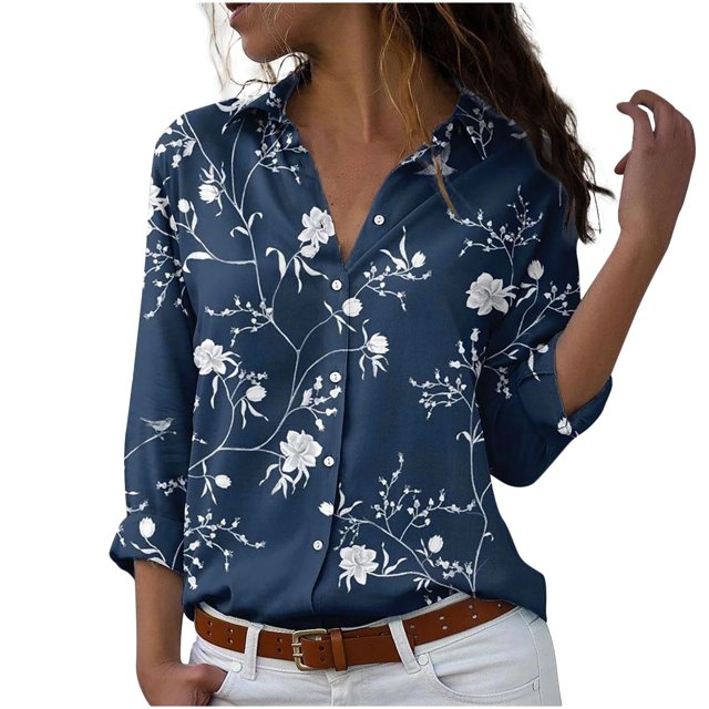 IROINID Rabais Polyester T-Shirt à Manches Longues pour Femmes Décontracté Col Rabattu Col Rond Bouton Blouse Élastique Chemises, Bleu