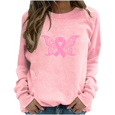 Jsaierl Sweat-Shirt Rose pour Femmes Sensibilisation au Cancer du Sein Manches Longues Col Rond Pull Ruban Rose Cadeau Inspirant pour Femmes