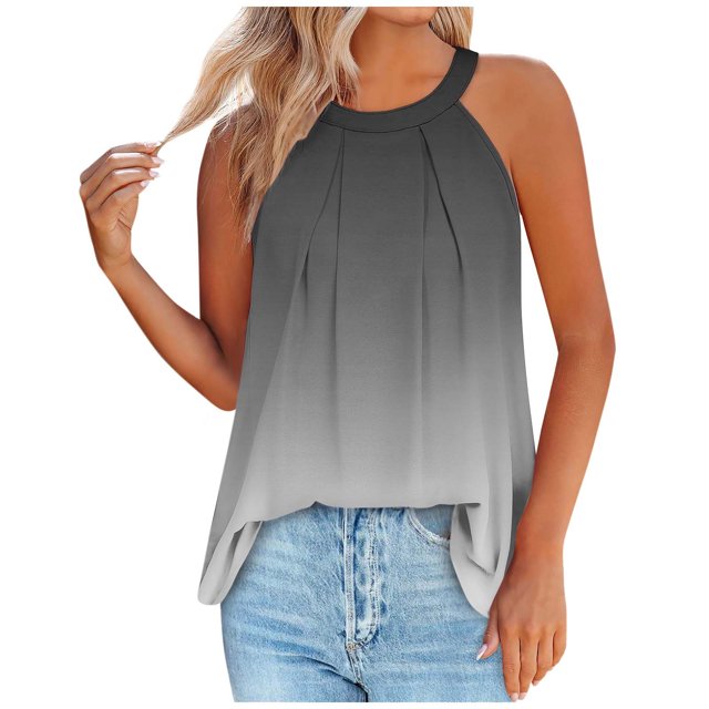 Timegard Womens Tank Tops Gradient Color Crew Neck Back Button Ruched Casual Sleeveless Tops Blouses