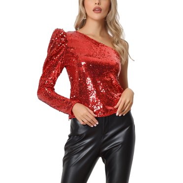 INSPIRE CHIC Haut pour Femme à Paillettes, une Épaule, Manches Bouffantes Longues, Cocktail, Fête, Scintillant, Haut L Rouge