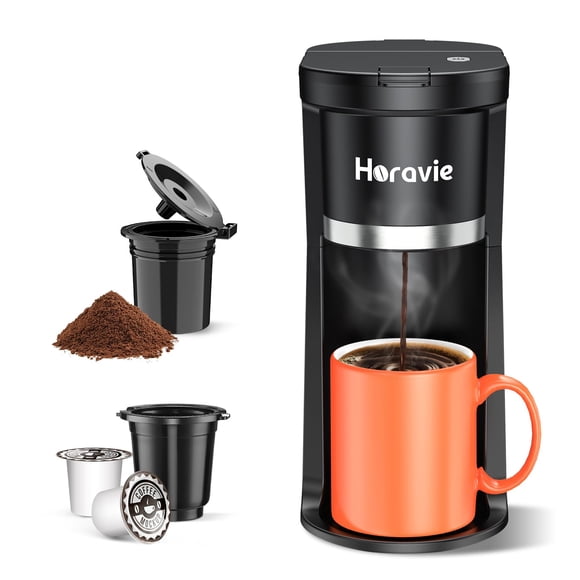Horavie Small Single Serve Coffee Maker, Fast Brew One Cup Coffee Machine for K Cup and Grounds, 6 to 12 oz. Brew Sizes, Capsule Coffee Machine with Desca