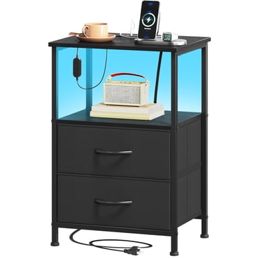 Eunos Table de Chevet Noire à 2 Tiroirs avec Station de Recharge, Éclairage DEL et Tablette Ouverte pour Chambre à Coucher