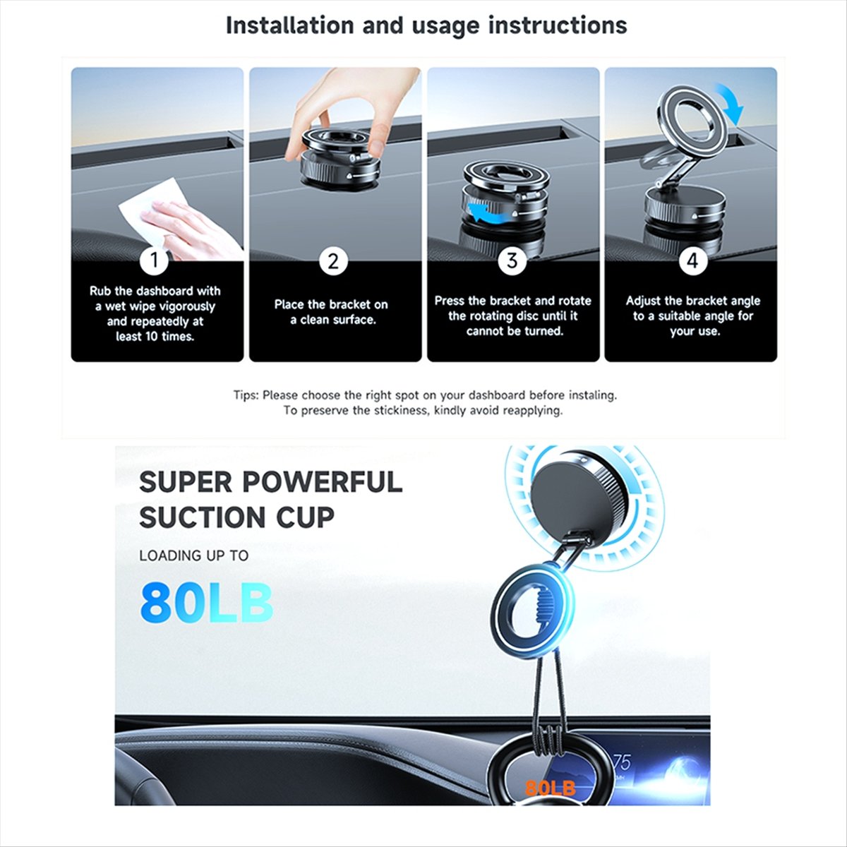 Car Mount Vacuum Magnetic Holder Foldable Strong Suction Stand with Metal Hinges for Cell Phone Black,1 * Car Phone Mount Holder,Black