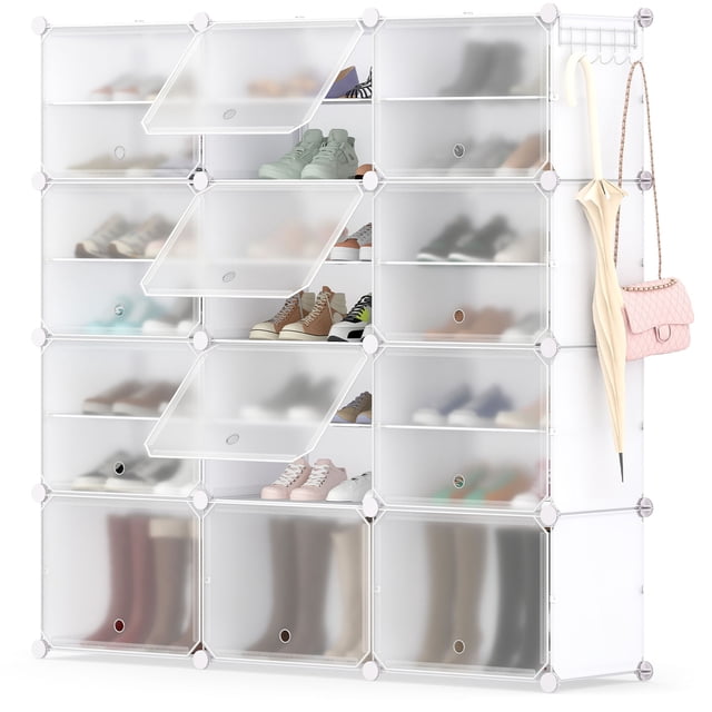 Costway Portable Shoe Rack Organizer 12-Cube 48 Pair Shoe Shelf Storage Cabinet with Hook in white. This 8-tier shoe rack features 12 transparent cubes with removable partitioned panels, allowing storage for up to 48 pairs of shoes, including boots and high heels. The rack includes side hooks for hanging items like bags and umbrellas. Made of durable PP and steel, it has a modern design with a transparent door for easy visibility and dust protection. Suitable for entryways, bedrooms, or dressing rooms.