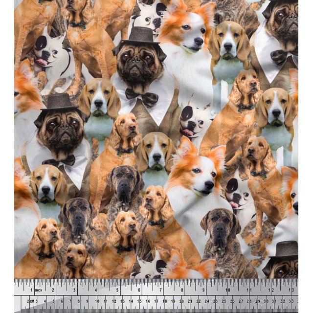 Soimoi Rayon Crepe Fabric Pug,Beagle & English Cocker Spaniel Dog Scene Print Sewing Fabric Yard 46 Inch Wide