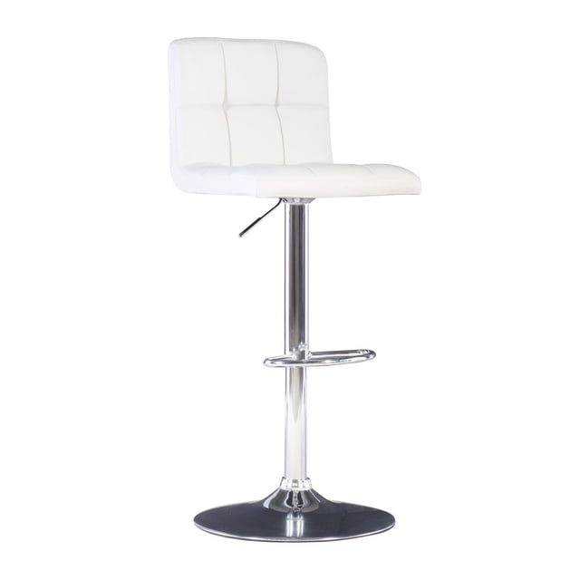 Nasar Barstool, White, front-facing view of a white quilted faux leather seat with square tufting and low backrest, mounted on a chrome metal base with a 17.75-inch round platform and footrest, featuring gas-lift height adjustment from 24 to 32 inches and 360-degree swivel, suitable for kitchen seating and often used as a stylish workstation stool.