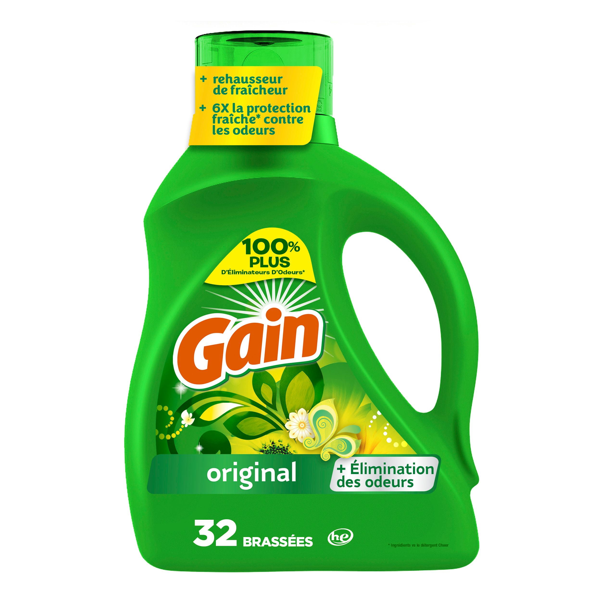 Détergent à lessive liquide Gain, parfum Original, 1,24 L, 32 brassées, fraîcheur + élimination des odeurs, savon nettoyant liquide haute efficacité pour laveuse
