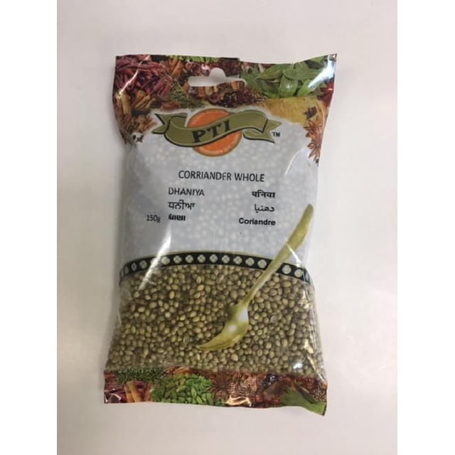 PTI CORIANDER WHOLE 150g package containing whole coriander seeds in a clear plastic bag with a printed label featuring the PTI logo, multilingual names including Dhaniya and Coriandre, and a decorative border with images of spices and herbs, suitable for seasoning and culinary use.