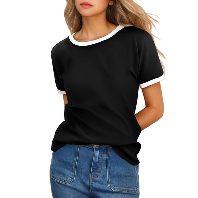 HXWCHs T-Shirt Uni pour Femme Résistant aux Plis T-Shirt Classique à Col Rond pour Femme avec Garniture Contrastante Élégante pour un Confort Décontracté m Noir