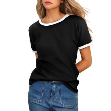 LUOGENLI T-shirts pour Femme pour Femmes T-Shirt Uni à Col Rond à Manches Courtes avec Bordure Contrastante T-shirts pour Femmes T-Shirt Graphique T-shirts de la Saint-Valentin pour Femmes T-Shirt Graphique Pâques Noir m