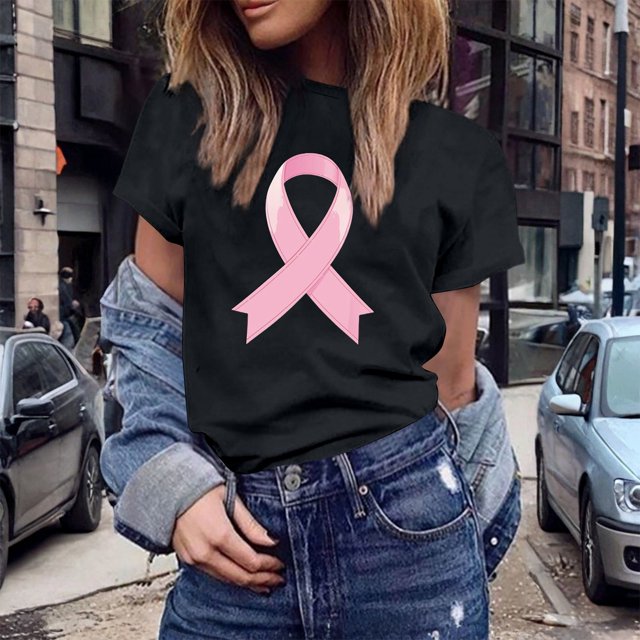 UANWENN T-Shirts Décontractés pour Femmes avec Imprimé Ruban de Sensibilisation au Cancer, Manches Courtes, Col Rond, Style de Base pour le Quotidien, Hauts pour Femmes à Manches Courtes, Chandail Léger Décontracté pour Femmes, Haltérophilie, Long