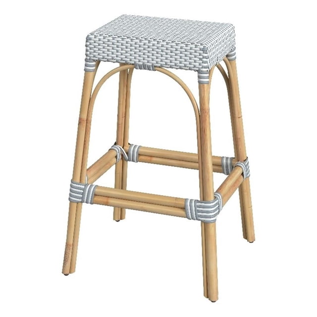 Butler Specialty Company Robias Rectangular Rattan 30" Bar Stool - White & Blue