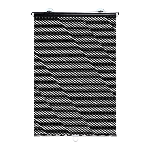 Suction Cup Retractable Window Shade, a versatile roller blind made of waterproof PVC fabric for light blocking and heat resistance. Features a perforated black design with suction cups for easy installation on car or home windows. Measures 60x40cm and includes automatic telescoping functionality, suitable for temporary privacy or sun protection in various settings.
