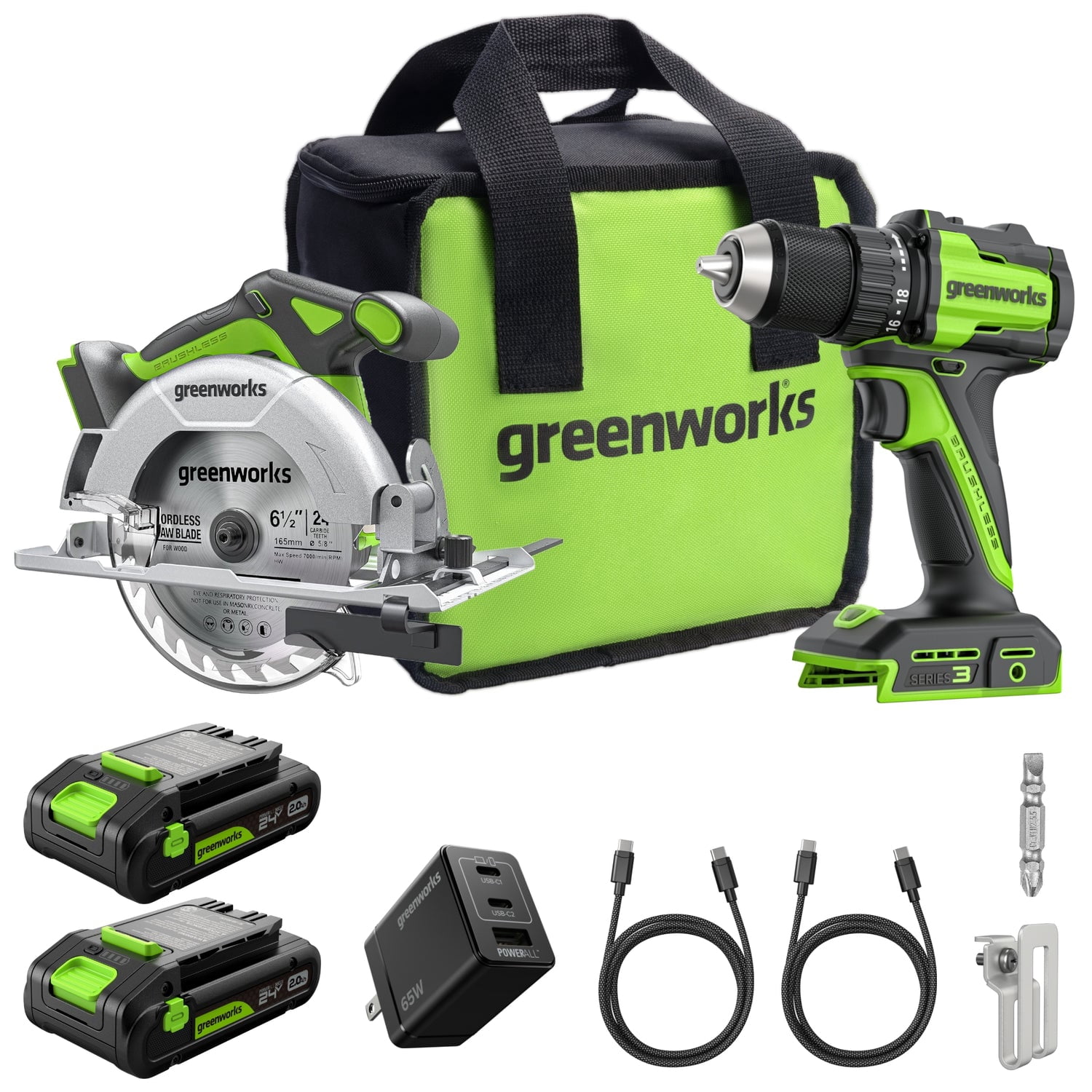 Greenworks 24V Cordless Brushless 400 in-lbs Drill / Driver + 6.5" Circular Saw, 4,800 RPM, Cutting Depth 45°/90° (2) 2.0Ah USB-C Batteries(12,000mAh Power Bank) and 65W USB-C Fast Charger(3-Port)
