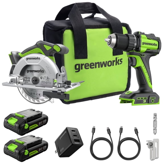 Greenworks Perceuse / Perceuse Sans Fil Sans Balais 24V de 400 Po + Scie Circulaire 6,5 Pouces, 4 800 Tr/min, Profondeur de Coupe 45°/90° (2) Batteries USB-C 2,0ah (Banque d'Alimentation 12 000mAh) et Chargeur Rapide USB-C 65W (3 Ports)
