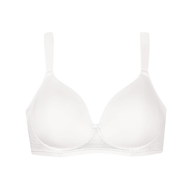 WonderBra EcoPure Smoothing Wirefree Bra in white, front view featuring smooth molded cups, lace detailing on sides and back, cushioned contoured straps, and no elastic against skin, made from recycled fibers for eco-friendly comfort.