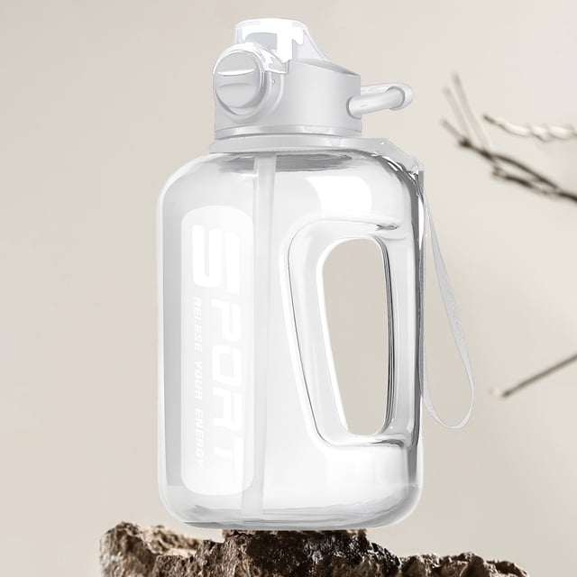 EQWLJWE 1-gallon water bottle with time marker, straw, and chug lid, shown in a transparent white design. The bottle features a sturdy handle, a leak-proof lid, and a carrying strap for portability. Graduation markings on the side help track hydration. Ideal for gym use, outdoor activities, or daily hydration goals.