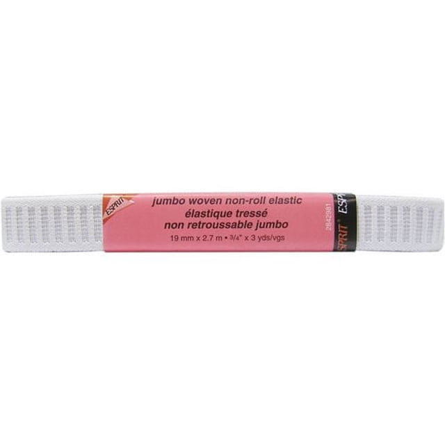 Unique Creativ Jumbo Non-Roll Elastic, 19 mm by 2.7 m white woven elastic with crosswise and lengthwise ribs to prevent rolling, strong and durable for heavy fabrics and waistbands, shown flat with pink and black packaging, suitable for casings or direct stitching.