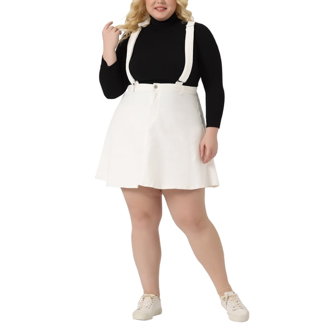 GRACE & GRANDEUR Jupe Trapèze Mini en Denim pour Femme Grande Taille à Bretelles Ajustables, Bretelles Croisées au Dos, Blanche 2X