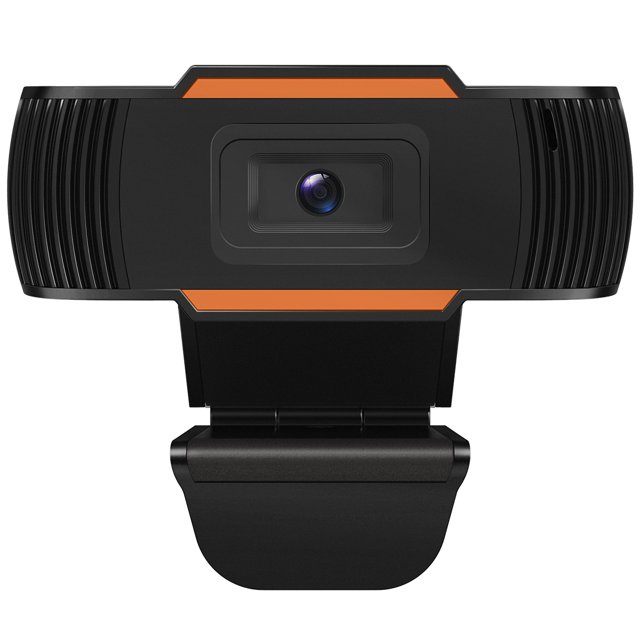 Computer Webcam 720P Computer Camera with Sound-absorption Microphone Laptop or Desktop Webcam. The webcam features a black and orange design with a built-in noise-canceling microphone for clear audio. It offers 720P high-definition resolution, a USB 2.0 interface, and a plug-and-play setup compatible with Windows XP2 or above. Suitable for video conferencing, online meetings, and more.