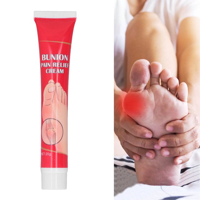 Wrist Cream, Tendon Sheath Cream Improve Pain Relieve Discomfort, packaged in a 20g red tube labeled 'Bunion Pain Relief Cream,' designed for alleviating foot pain and strain injuries. The image shows a person massaging their foot with a red-highlighted area indicating discomfort.