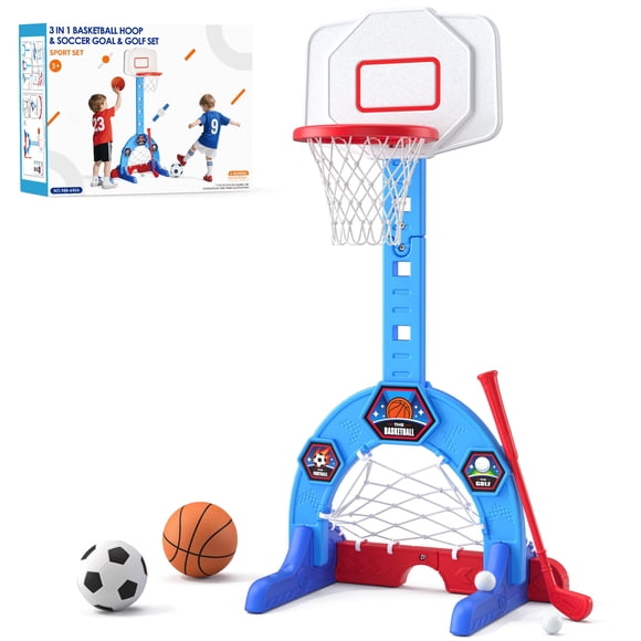 HYES Toddler Basketball Hoop, 3-in-1 Sports Activity Center with Soccer Goal, Golf Game, 5 Height Adjustable Kids Basketball Hoop, Indoor Outdoor Pla