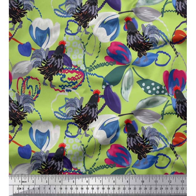 Soimoi Polyester Crepe Fabric Floral & Cock Watercolor Fabric Prints by Yard 42 Inch Wide