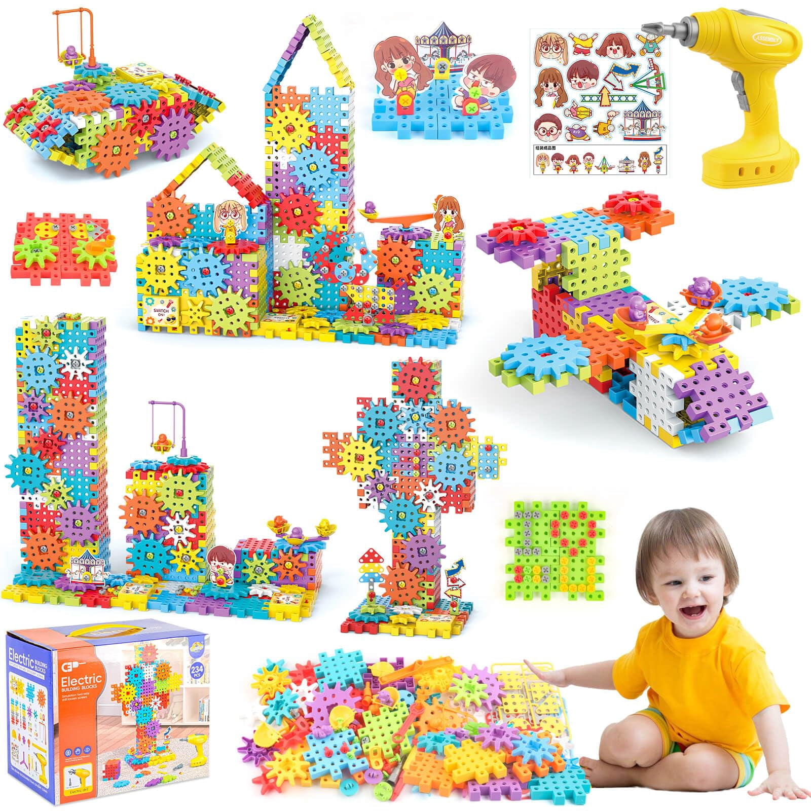 Pycoal Gears Building Blocks, STEM Educational Toys 234 PCS Gears Building Toys Kids Tool Set with Electric Drill, Electric Gear Building Blocks Birthday Gifts for Kids Age 3+