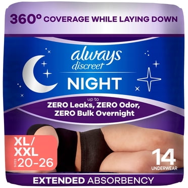 Always Discreet Adult Incontinence Overnight Underwear for Women, XL, Up to 100% Bladder Leak Protection