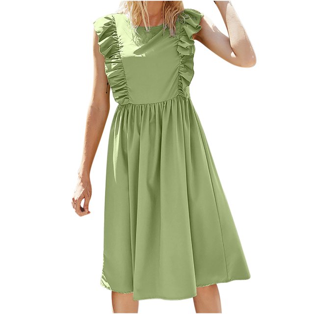 Ruffle Sleeve Dress for women Round-Neck Casual Loose Skirt Solid Sleeveless Ruffles Longuette Dress