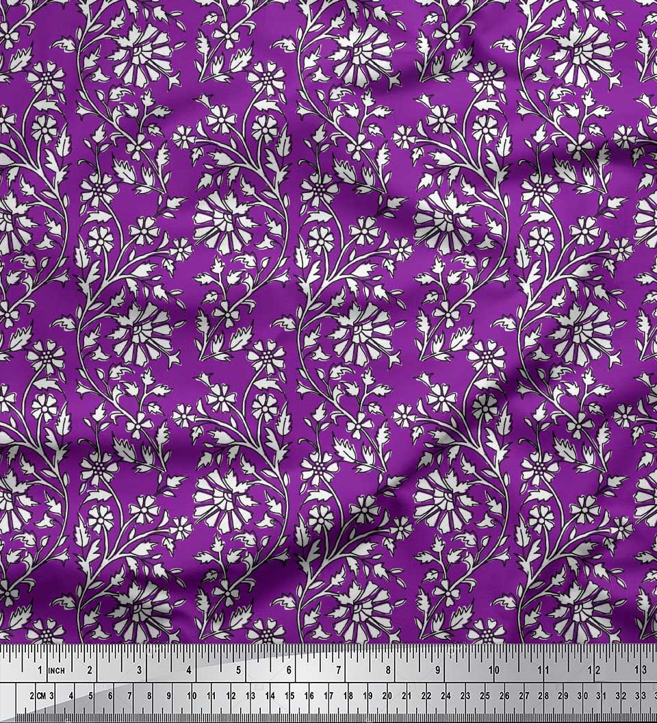 Soimoi Silk Fabric Leaves & Floral Block Print Fabric by The Yard 42 Inch Wide