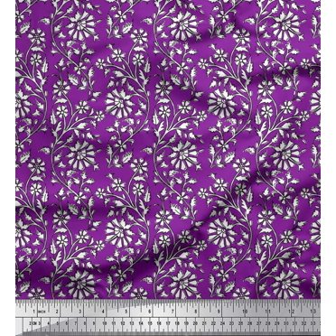 Soimoi Velvet Fabric Leaves & Floral Block Print Sewing Fabric Yard 58 Inch Wide