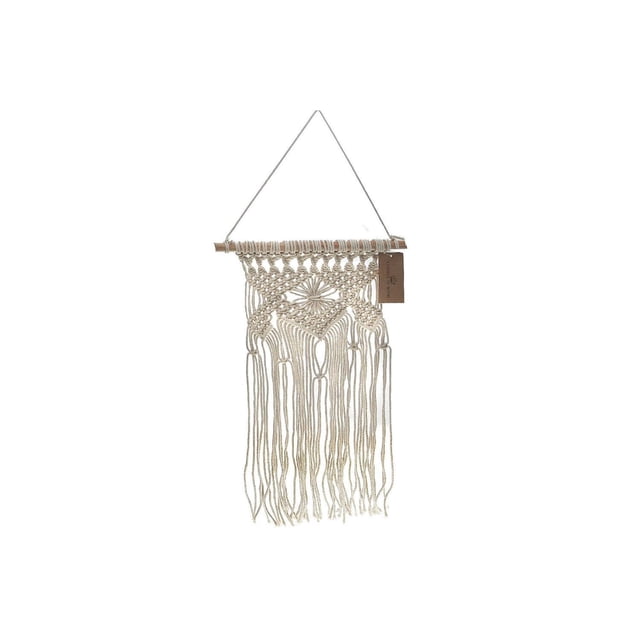 Macrame Madison Wall Hanging made of soft ivory cotton featuring intricate knotted patterns and long fringe, hanging from a wooden dowel with a cord, suitable for enhancing bohemian-style wall décor in living spaces.