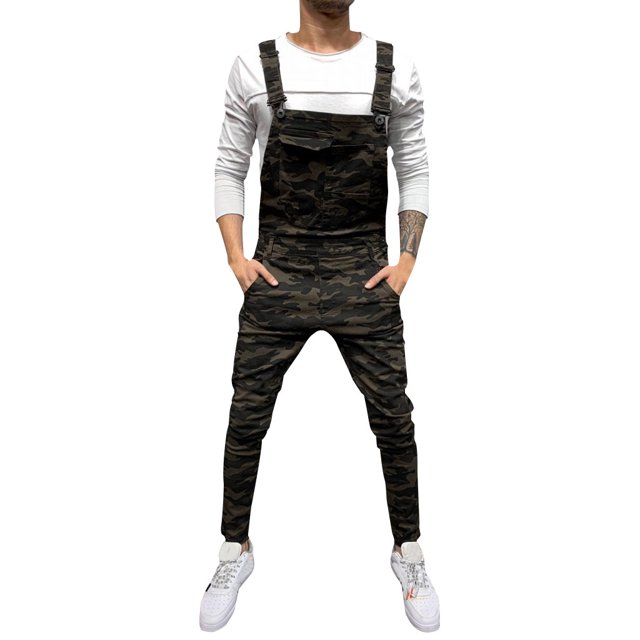 VEKDONE 2025 Men's Casual Denim Bib Overalls Slim One-Piece Jumpsuits Washed Jeans Ripped Long Rompers Trousers A Coffee,X-Large