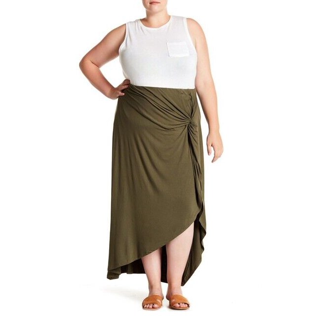 Bobeau Jupe Maxi Froncée à Enfiler Hi Lo pour Femme en Vert Armée Grande Taille3X