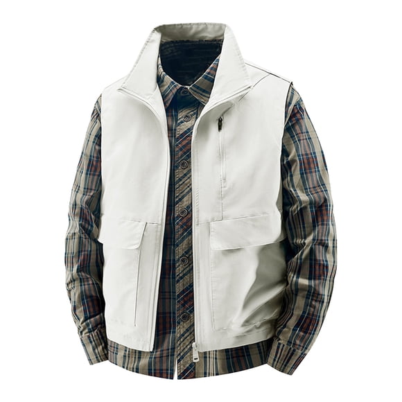 Lovzfmll Men's Work Vest for Men Stand Collar Multiple Pockets Photography White, 4XL
