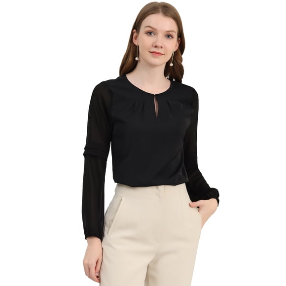INSPIRE CHIC Women's Work Office Long Sleeves Keyhole Neck Elegant Blouse Top