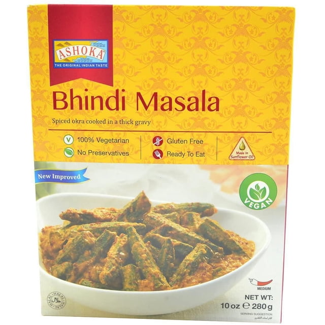 ASHOKA BHINDI MASALA 280G ready-to-eat Indian spiced okra cooked in thick gravy, gluten-free, vegan, and preservative-free, displayed in a white bowl on packaging with yellow and red branding, net weight 280 grams.