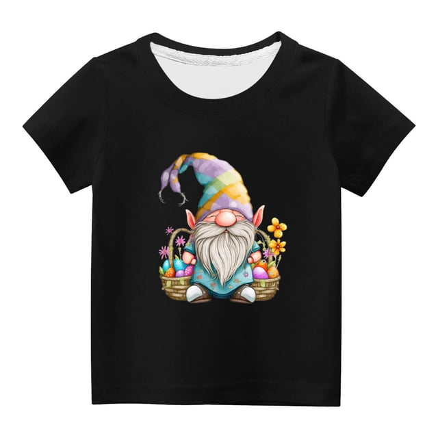 Penkiiy T-Shirts de Pâques pour Enfants Tout-Petits Garçons Filles Mode Mignon Imprimé Nain de Pâques Col Rond Manches Courtes 4 Ans Noir