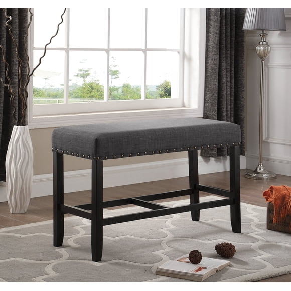 Roundhill Furniture Biony Fabric Counter Height Dining Bench With Nailhead Trim, Grey