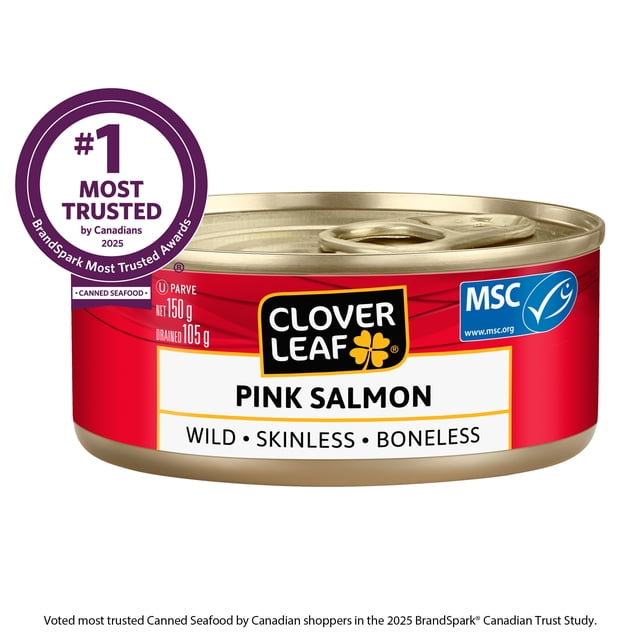 Clover LEAF® Skinless Boneless Pink Salmon canned seafood with a red label featuring the brand logo, MSC certification, and text indicating wild, skinless, and boneless salmon. The 150 g net (105 g drained) can has a pull-tab lid and a #1 Most Trusted by Canadians 2025 badge. Suitable for quick sandwiches, casseroles, and salads.