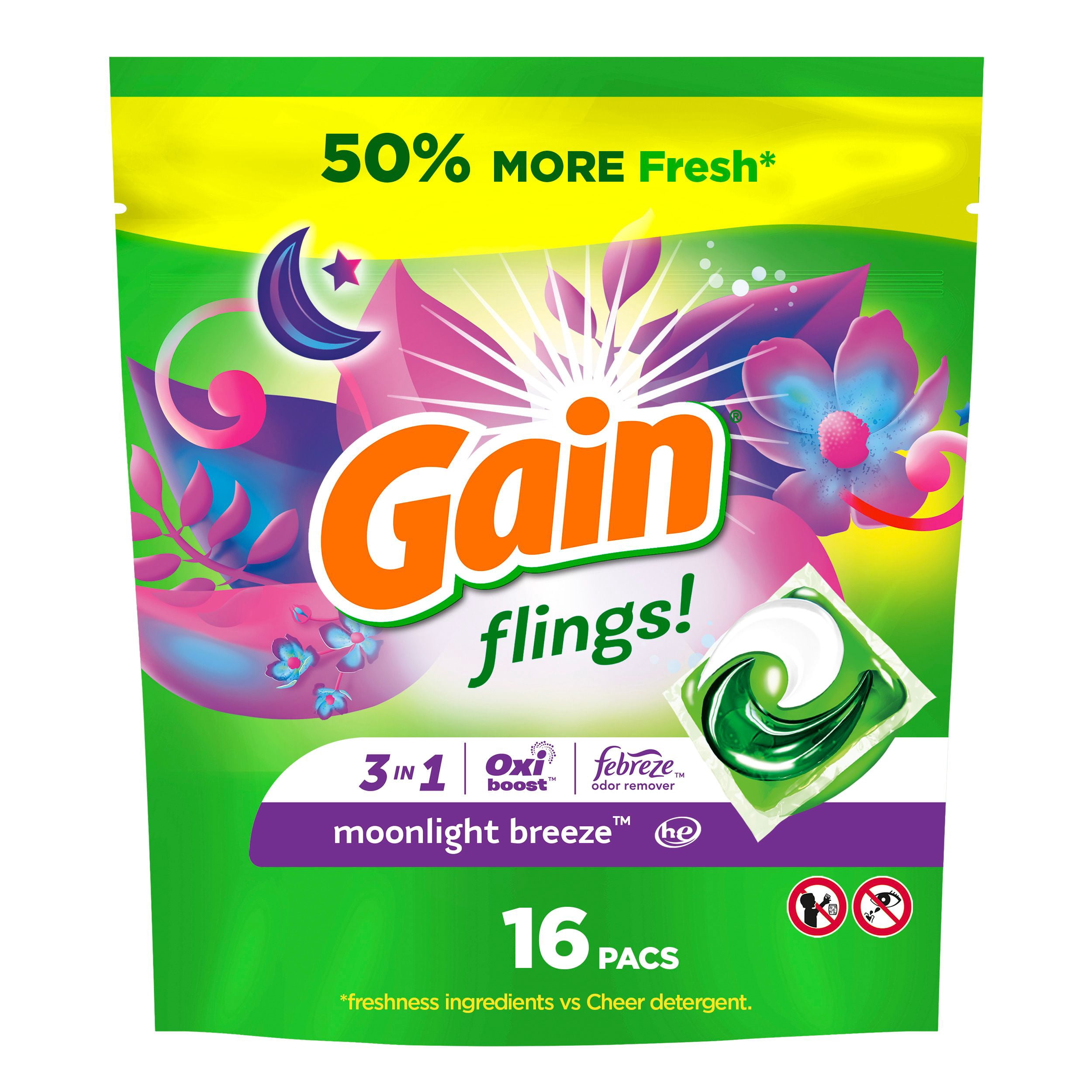 Gain Flings Laundry Detergent Pacs, Moonlight Breeze Scent, with Odour Defense, concentrated laundry soap pacs, 16 Count