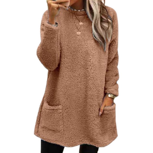 LUXUR Women Fuzzy Fleece T Shirt Loose Work Tops Light Brown XL