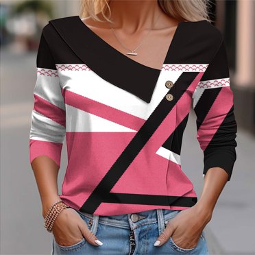 Jsaierl Long Sleeve Shirts for Women Western Pattern Print Tops Trendy Button Asymmetrical al V Neck Tees Business Casual Going Out Blouses