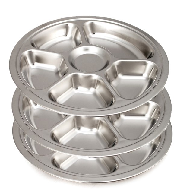 Aspire Ensemble de 3 Assiettes Rondes en Acier Inoxydable Assiettes Compartimentées Plateau de Service de Camping-6 Sections