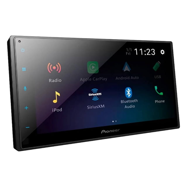 Pioneer DMH1770 6.8-inch capacitive glass touchscreen digital media receiver with a sleek black frame. The display shows various app icons, including Radio, Apple CarPlay, Android Auto, USB, iPod, SiriusXM, Bluetooth Audio, and Phone. Features include built-in Bluetooth for hands-free calling and audio streaming, compatibility with iPhone and Android smartphones, and support for high-resolution FLAC and WAV files via USB. The receiver is also back-up camera ready and supports wired Apple CarPlay and Android Auto.