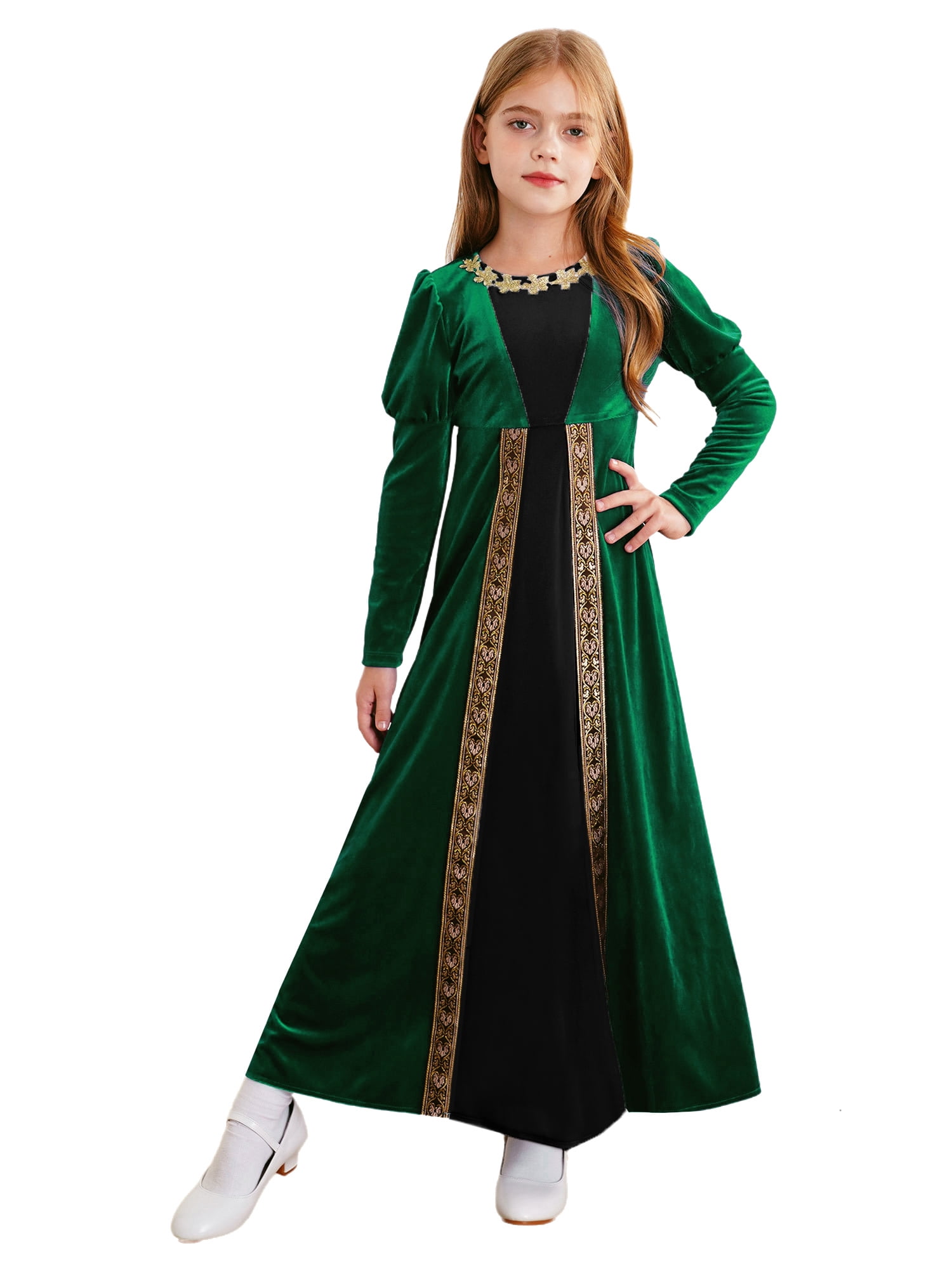 Sxiwei Robe Médiévale de Princesse pour Filles, Costume d'Halloween Renaissance, Manches Longues, Rétro, Robe de Bal Maxi, Vert, 8