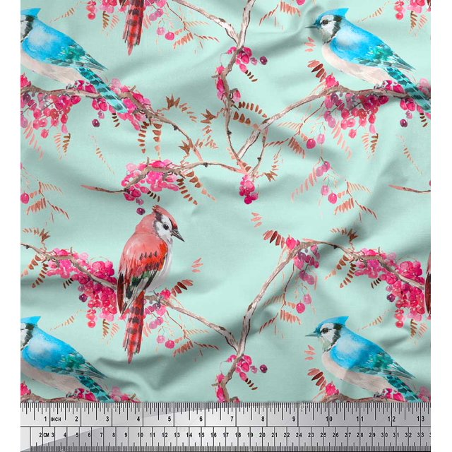 Soimoi Green polyester Crepe Fabric Red Berries & Bulbul Bird Decor Fabric Printed Yard 42 Inch Wide