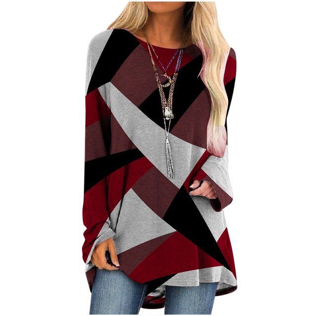 IROINID Épargne Femmes Long Sleeve Tops Lounge Socket Géométrie Imprimé Col Rond Tops, Vin